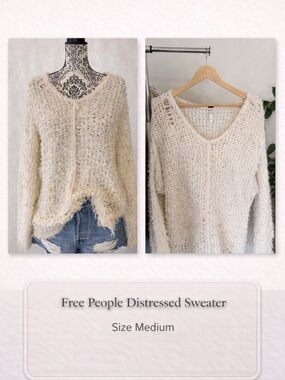 Free People Distressed Sweater Medium Cream Chunky Knit Oversized Boho